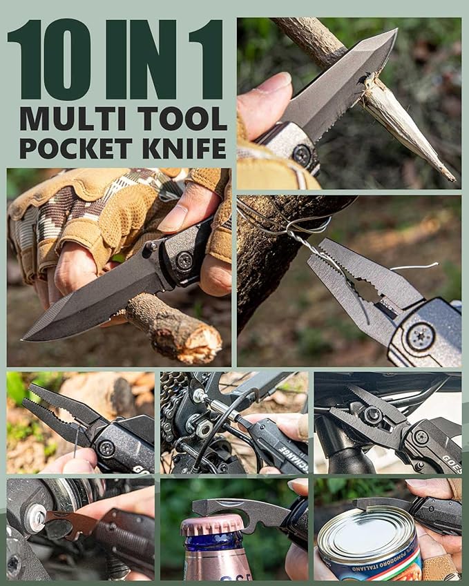 10-IN-1 Multi Tool with Pocket Knife, Screwdrivers, Pliers, Bottle Opener, Can Opener, Safety Locking, Nylon Shealth - Father's Day Gift, Gift for Him Men Husband Boyfriend, Multitool Knife