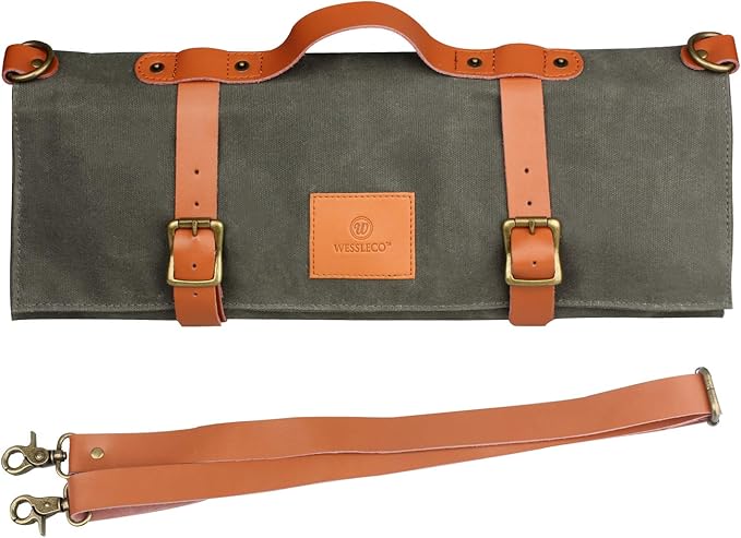 FIREDOG Wessleco Chef Knife Roll Bag (10 Pockets), Waxed Canvas Knife Carrying Case Storage with Handle & Shoulder Strap, Zipper Pouch for Culinary Tools (Knives Not Included)