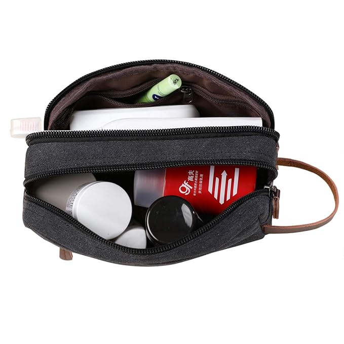 Mactso Mens Travel Toiletry Bag Canvas Leather Cosmetic Makeup Organizer Shaving Dopp Kits with Double Compartments (Black)