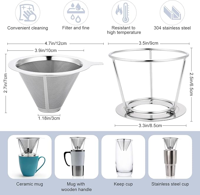 Pour Over Coffee Maker,Coffee Filter,Slow Drip Paperless Stainless Steel Cone Coffee Dripper(1 Cup)