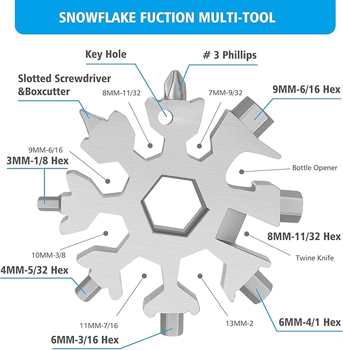 18-in-1 Snowflake Multi Tool, Gift for Boys Father/Dad Husband, Portable Stainless Multi-Tool Compact Snowflake Tool Multi Instrument Outdoor, DIY Handyman Hand Tools Christmas Gift (Sliver)