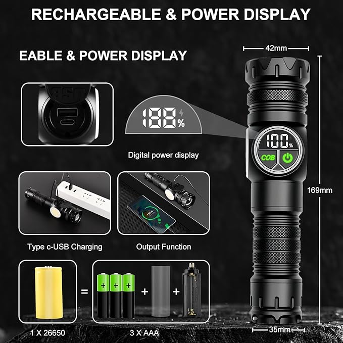 5000mAh Rechargeable Flashlight USB 5000 Lumens Outdoor Strong Cob Light, Zoomable Beam LED Flash Light with Magnet 9 Light Modes and SOS for Emergencies, Home, Camping, Hiking, Pet Walking