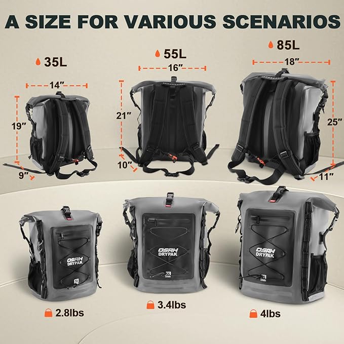 Waterproof Backpack Dry Bag 35L/55L β Heavy Duty Roll-Top Hiking Backpack for Travel, Kayaking, Boating, Camping, Rafting and Fishing