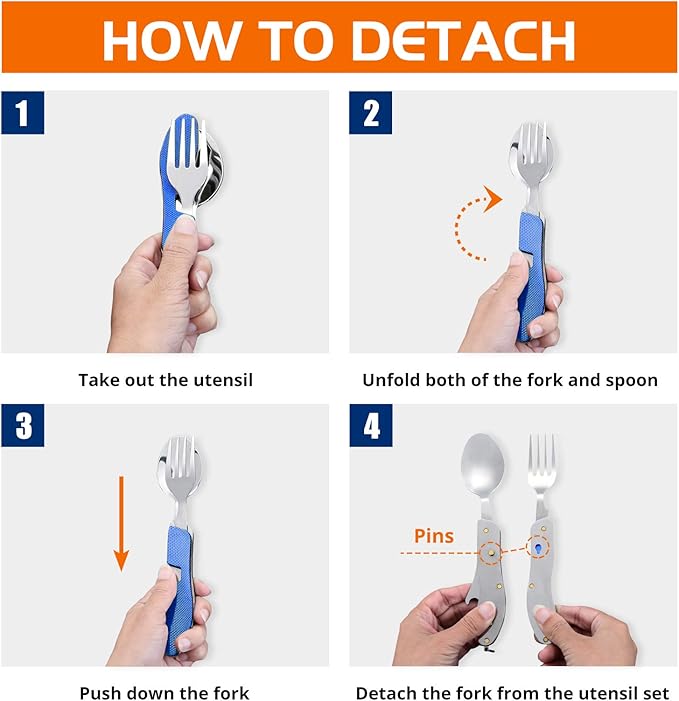 HIKENTURE Camping Utensils 2 Pack,4-in-1 Stainless Steel Spoon, Fork, Knife, and Bottle Opener Combo - Lightweight and Portable Travel Eating Silverware for Hiking, Backpacking, Boy Scout(Blue 2pack)