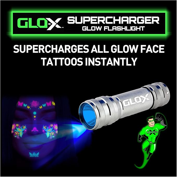 GLO-X Supercharger UV Black Light LED Flashlight - Powerful High-Intensity Blacklight Charges All Glow in The Dark Products for Glow-in-The-Dark Paint, Charms, Fishing and Camping