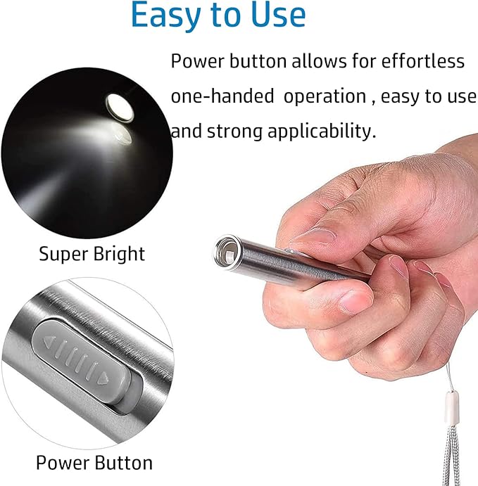 yuentoen Pen Light Flashlight, Rechargeable LED Super Bright Flashlight with Stainless Steel Clip and USB Cable for Home Camping Outdoor and Emergency - Silver