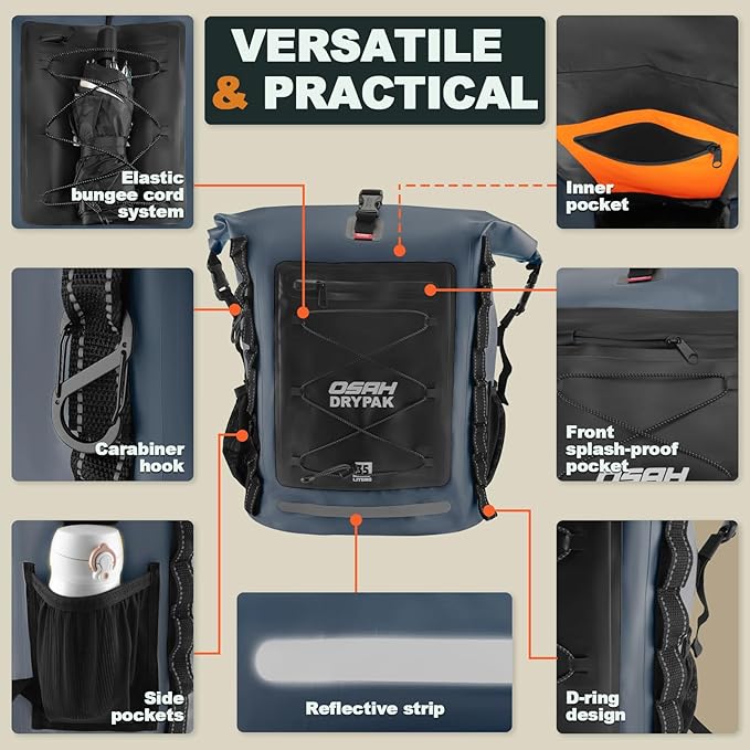 Waterproof Backpack Dry Bag 35L/55L β Heavy Duty Roll-Top Hiking Backpack Sack Keeps Gear Dry for Travel, Kayaking, Boating, Camping, Rafting and Fishing