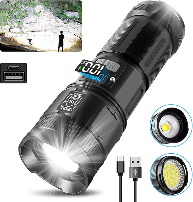 Rechargeable High Lumens, Super Bright Flashlights with COB Work Light, High Powered, Powerful Handheld Led Tactical Flashlights for Emergencies Camping Hiking,120000 Lumens