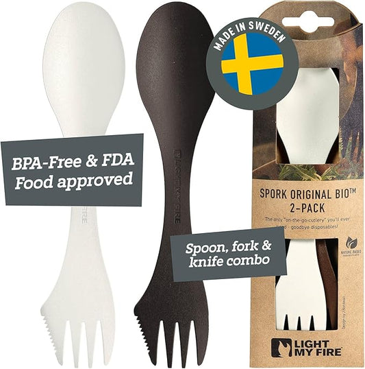 Light My Fire Spork Original 3-in-1 Camping Spoon Fork Knife Combo Reusable Travel & Camping Utensils Lunch Spork Outdoor Backpacking Hiking Picnic Utensil BPA Free, 2-Pack Cocoa/Cream