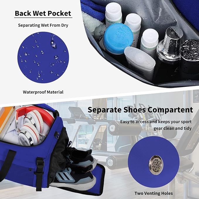 Eackrola Extra Large Sports Gym Bag, Travel Duffel bag with Wet Pocket & Shoes Compartment for men women, 85L, Lightweight (Blue)