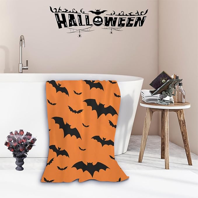 Halloween Bats Theme Beach Towel, Quick Dry Super Absorbent Bath Towels, Orange Oversized Microfiber Bathroom Towels for Shower, pool, Camping, Beach 30x60 in