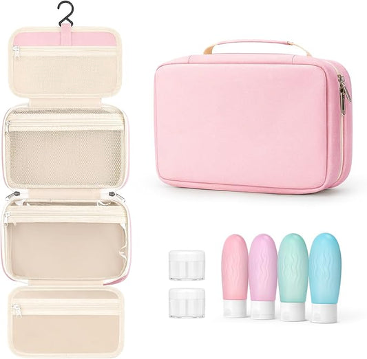 Toiletry bag for women with travel size containers set, hanging toiletry bag for full Size toiletries, Skincare, Shampoo, Makeup Cosmetic Bag Travel Organizer, Water-resistant toiletry bag