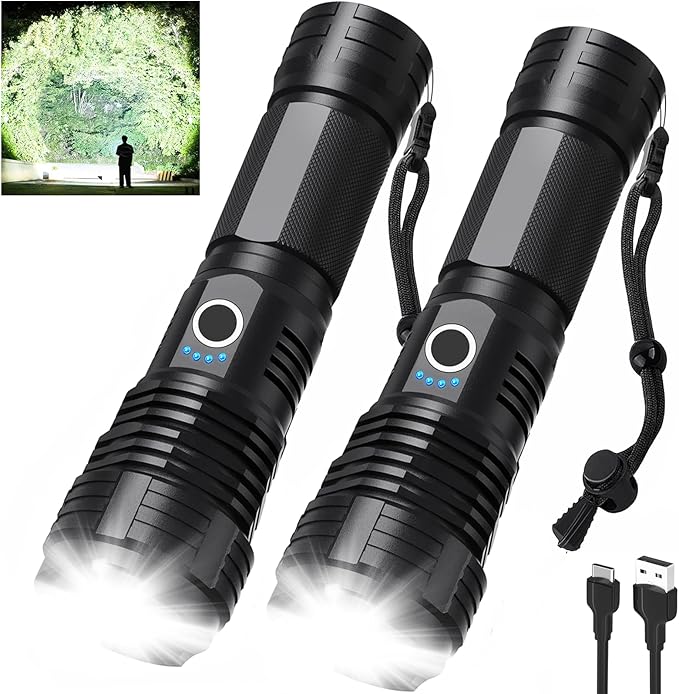 Led Flashlights 990000 Lumen High Lumens Rechargeable 2 Pack, Brightest Flash Light with 5 Modes & 18H Runtime, IPX7 Waterproof, Powerful Handheld Flashlights for Home Camping Hiking