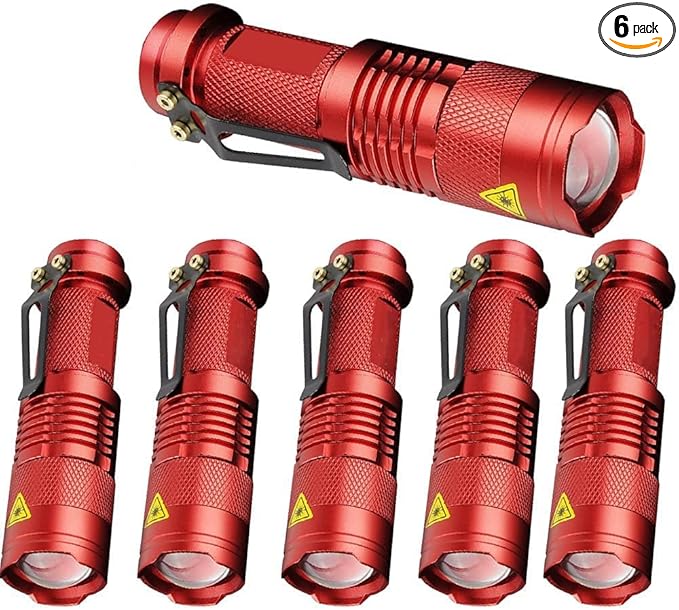 MODOAO 6 Pack Mini Flashlights LED Flashlight 7W 350LM 3 Mode Flashlight Torch Adjustable Focus Zoomable Light,Skid-Proof Design & Waterproof Design (Red)