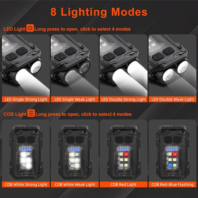 800LM Mini EDC Keychain Flashlight, 8 Modes Rechargeable Flashlights with 3 Color Lights, Portable Pocket LED & COB Flashlight with Clip for Emergency/Camping/Work, Warning Flash, Waterproof