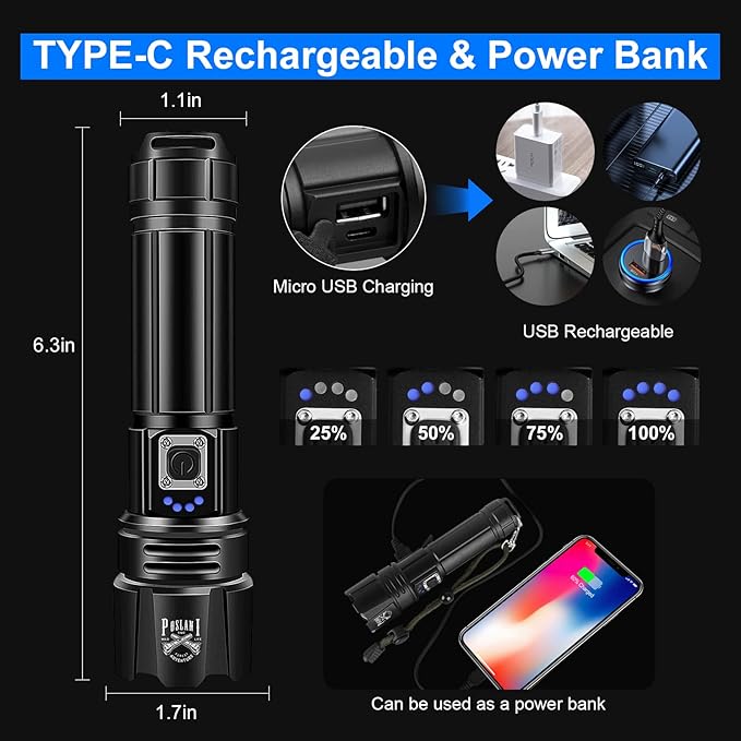 Flashlights LED High Lumens Rechargeable,Brightest 950000 lumens Flash Light, High Power Tactical Flashlight,Handheld Waterproof Flashlights for Emergency Camping Gift