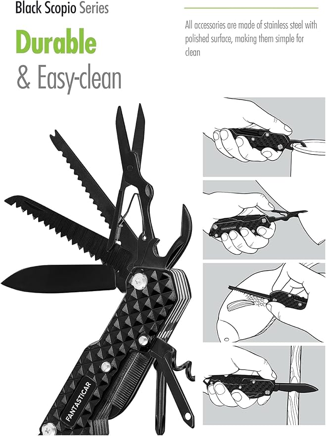 FantastiCAR 15 in 1 Multi-Tool, EDC Folding Pocket Knife with Premium Gift Box for Camping, Fishing, Hunting, Survival, Outdoor (Black)