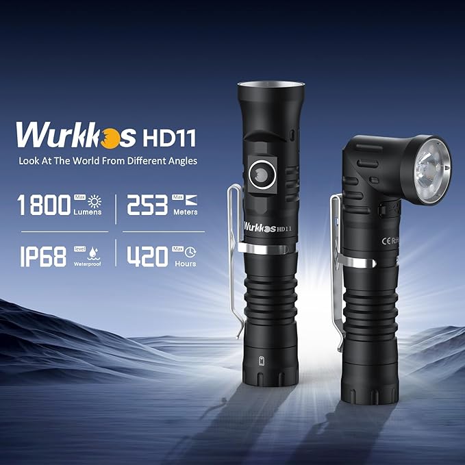 Wurkkos HD11 Right Angle Flashlight with Red Light,1800 Lumens Magnetic Flashlight 90 Degree Flashlight,Spotlight&Floodlight EDC Flashlight,IP68 Waterproof Flashlights for Working Outdoors,Repairing