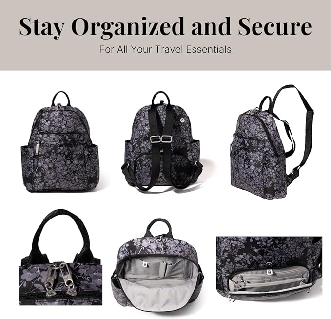 Securtex® Anti-theft Vacation Travel Backpack 10x13" Slash-Resistant Nylon Daypack w/RFID, Black Hydrangea