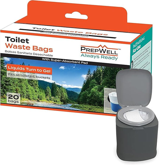 PrepWell Disposable Toilet Bags with Super Absorbent Pad (20 Count)-Leak Resistant-Universal Size Fits Any Portable Toilet or Bucket- Eliminates Odors- Great for Outdoors and Emergencies
