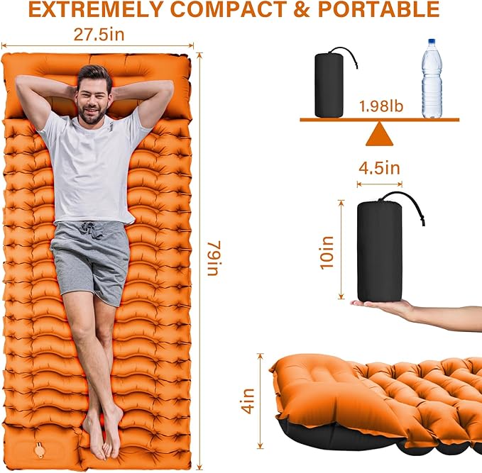 Camping Sleeping Pad, Ultralight Camping Mat with Pillow Built-in Foot Pump Inflatable Sleeping Pads Compact for Camping Backpacking Hiking Traveling - Orange