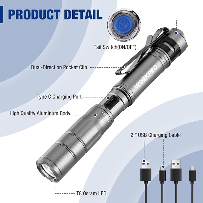 WORKPRO Rechargeable Pen Light, Mini Flashlight, 2 Pack Ultra-Compact EDC Flashlight, Pocket Flashlight with Clip, Memory Function and 2 x USB C Cable Included, Gray