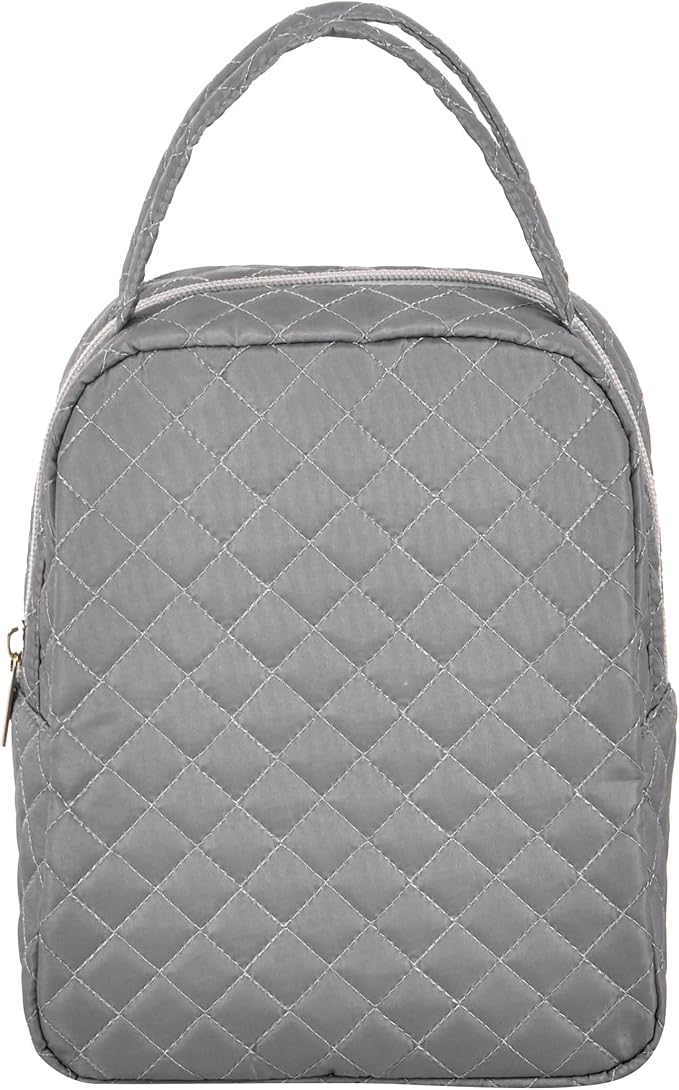 Machine Washable Women Quilted Fabric Insulated Reusable Cooler Lunch Bag Tote Adult Thermal Lunch Box Storage Bag for Work (Grey)