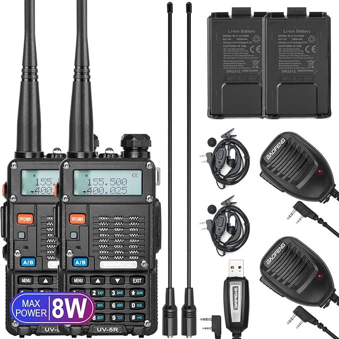 BAOFENG UV-5R 8-Watt Radio (UV-5R 3rd Gen) with Programming Cable and High-gain Antenna, Long Range Handheld Ham Radio with Earpiece and Hand Microphone (2 Pack)