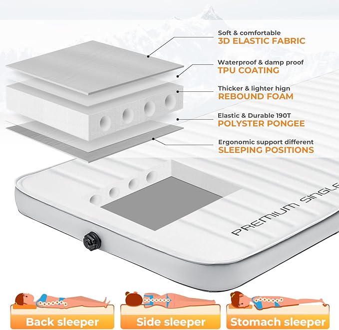 KingCamp Self Inflating Sleeping Pad for Camping Ultra Thick Double Single Foam Mattress High R Value Camping Air Pad Mat, Multi Colors & Sizes