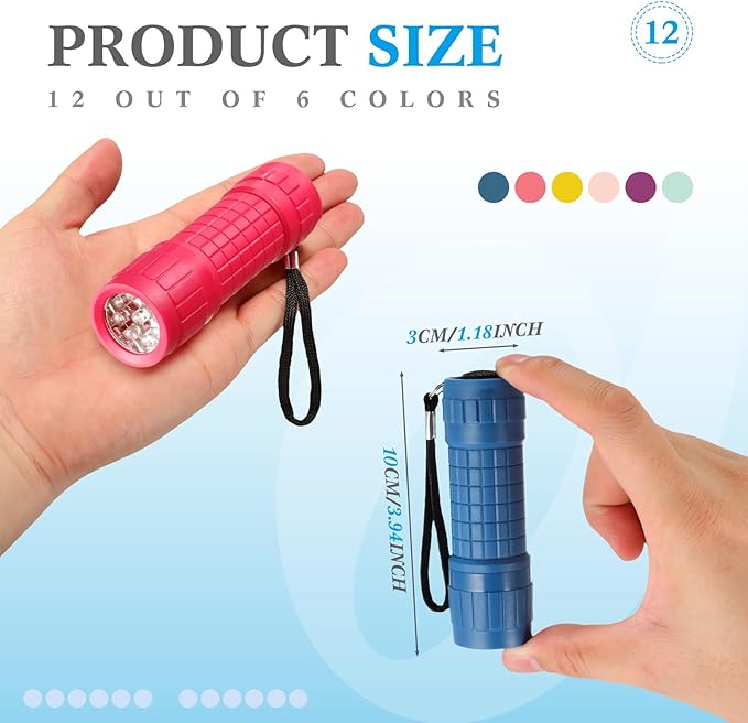48 Pcs Mini Small Flashlights Bulk with 144 AAA Batteries and Lanyard Mini Assorted Color Handheld 9 LED Flashlights for Night Reading Kids Camping Class Teaching Party Emergency Hunting