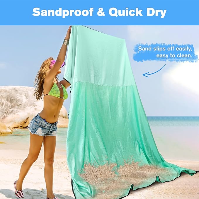 Beach Blanket Waterproof Sandproof Large Beach Mat 79" X 87", Quick Drying Durable Portable Lightweight Outdoor Nylon Picnic Blanket for Travel Camping Hiking, Green