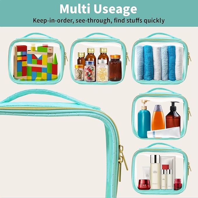 TSA Approved Travel Toiletry Bag,4 Pack Clear Makeup Bags with Handles,Quart Size Clear Cosmetic Bags for Traveling Women,Men,Carry on Airport Airline Compliant Bag,Green