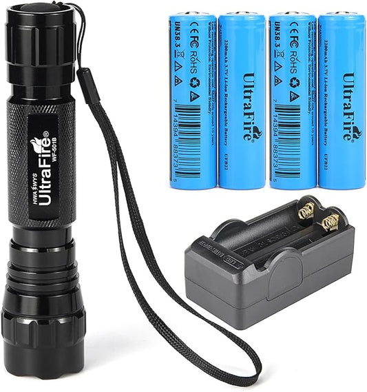 ULTRAFIRE LED Mini Flashlight Single Mode Flashlight with 4PCS UFB22 and Charger, Waterproof Super Bright High Lumen Flashlights WF-501B