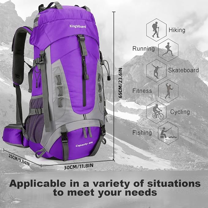 King'sGuard 60L Hiking Backpack Men Women Camping Backpack Waterproof Backpacking Mountaineering Climbing Daypack with Rain Cover (Purple)
