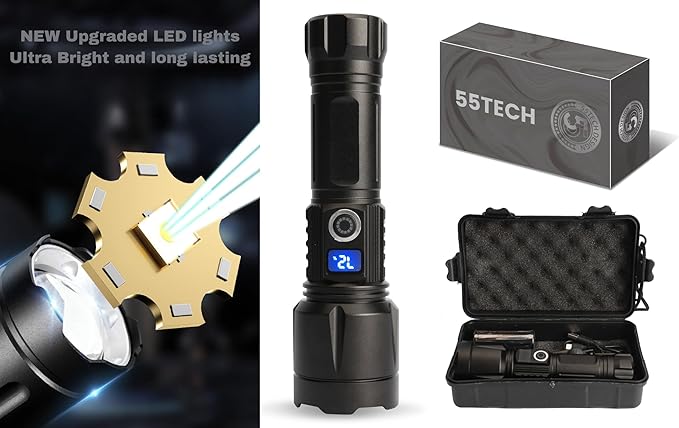 Super Bright LED Flashlight Handheld Tactical for Home Office car Camping Fishing Outdoor Emergency use, Water Resistance, zoomable 24 Hours Battery Life, Storage case 5 Mode. Power Display