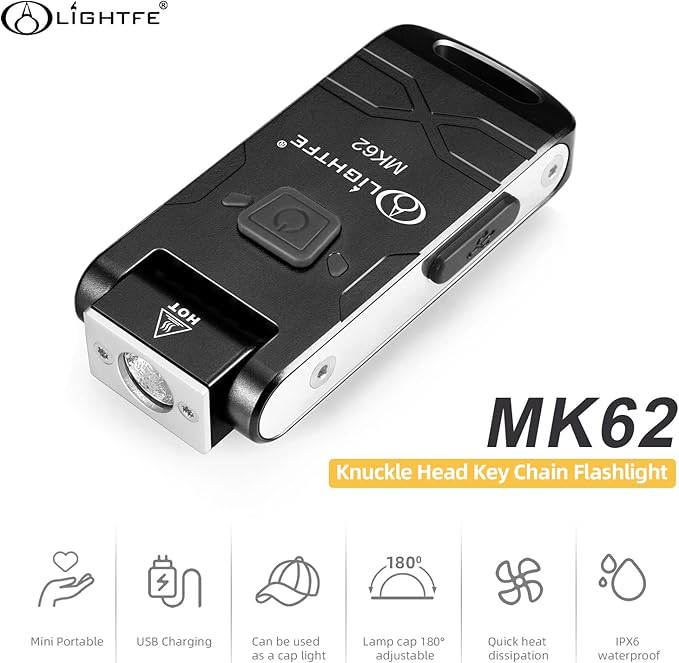 LIGHTFE MK62 Mini Keychain Flashlight USB Rechargeable Flashlight 280 Lumens Knuckle Head Long Runtime High Waterproof for Everyday Carry Camping Emergency LED Light Torch