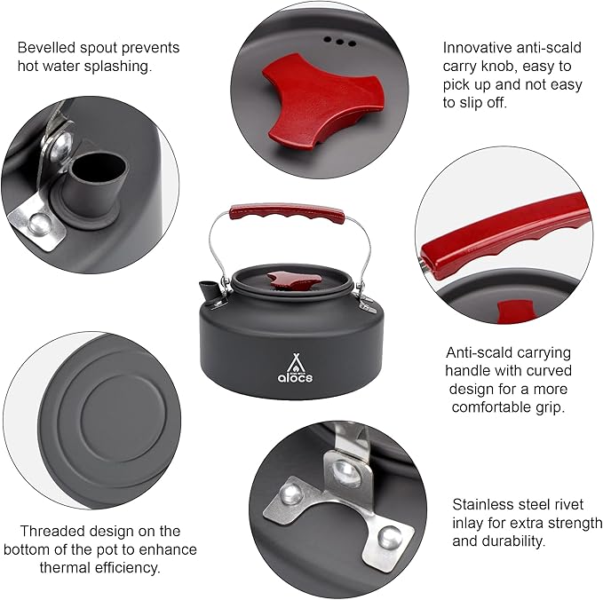 Alocs 1L Kettle Teapot, Portable Camping Coffee Pot, Hard-Anodized Aluminum Camping Kettle, Compact Tea Kettle for Stove Top, Outdoor, Hiking, Camping, Picnic and Traveling.
