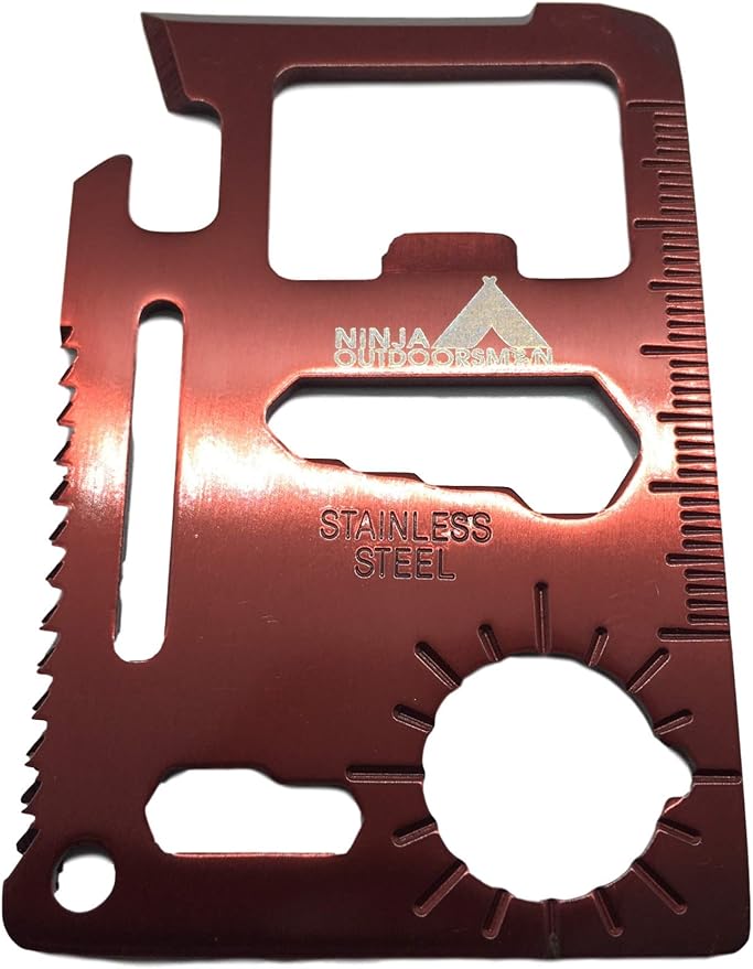 11 in 1 Stainless Steel Credit Card Pocket Sized Survival Multi-Functional Gadget Tool - Great Gift or Stocking Stuffer for Camping, Hiking or Emergency (Single, Red)