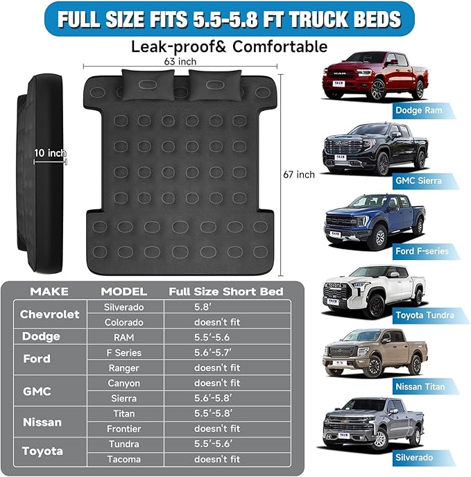 Truck Bed Mattress 5.5-5.8ft: Inflatable Full Size Truck Bed Air Mattress with Wireless Rechargeable Pump, Pickup Mattress with Carry Bag (Black)