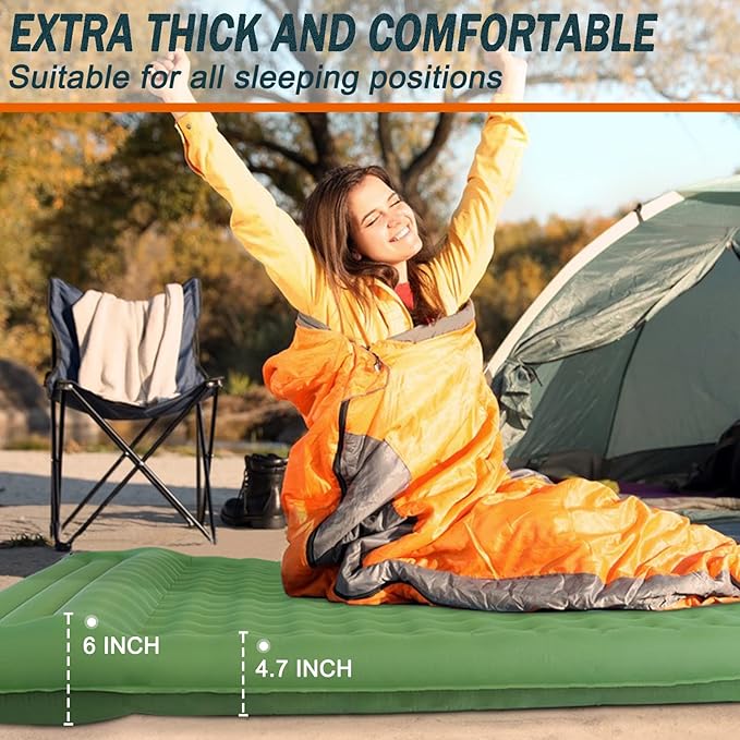 Double Sleeping Pad, 4.7 Inch Extra Thick Comfort Sleeping Mat for Backpacking Hiking Outdoor, Queen Camping Air Mattress with Built in Foot Pump, Compact Inflatable Camping Mat with Pillow