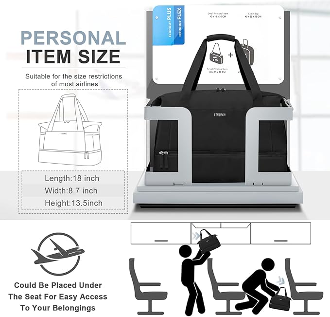 ETRONIK Gym Bag for Women, Personal Item Travel Bag with Shoes Compartment, Weekender Overnight Duffel Bag with Wet Pocket & USB Charging Port, Carry On Bag for Women, Travel, Gym, Weekend (Black)