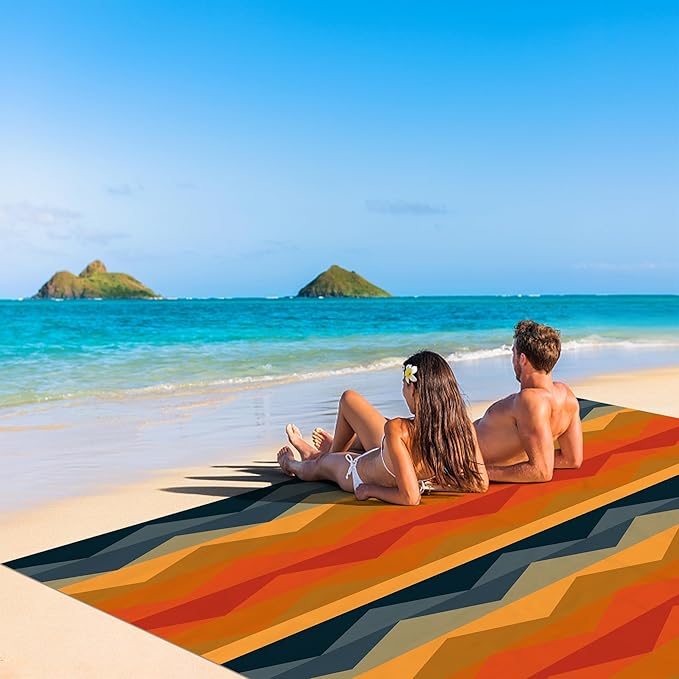 Beach Blanket Sandproof Waterproof, 78''×86'' Compact Lightweight Outdoor Mat Sand Free with 4 Stakes for 2-4 Adults, Large Foldable Picnic Pocket Blanket for Travel Camping, Hiking - Mirage Fortress