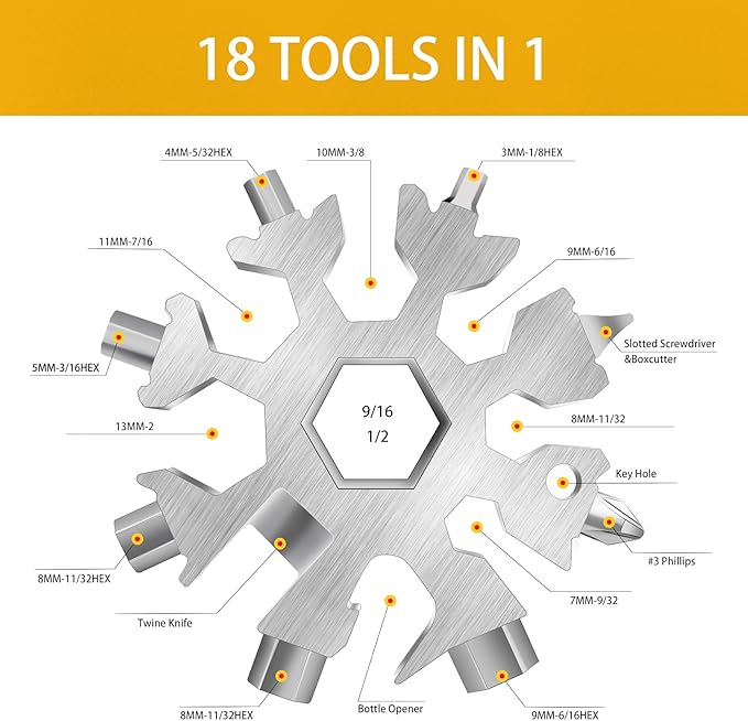FZENeast Snowflake Multitool, 1 Piece 18-in-1 Stainless Steel Snowflake Standard Multitool, Snowflake Wrench with Key Ring, Carabiner Clip and Gift Bag (Silver)