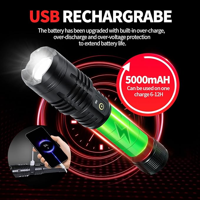 12000 Lumen Flashlight, USB Rechargeable Flashlight XHP70.2, High Powered Handheld LED Flashlight, Super Bright Flash Light, 5 Modes for Emergency, Hiking, with Holster