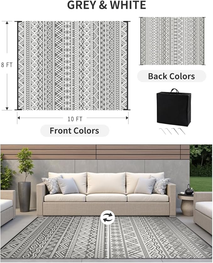 MontVoo Outdoor Rug 8x10 Waterproof Outdoor Patio Rug Mat Reverisble Plastic Straw Outdoor Rug for RV Camping Picnic Beach Balcony Boho Grey