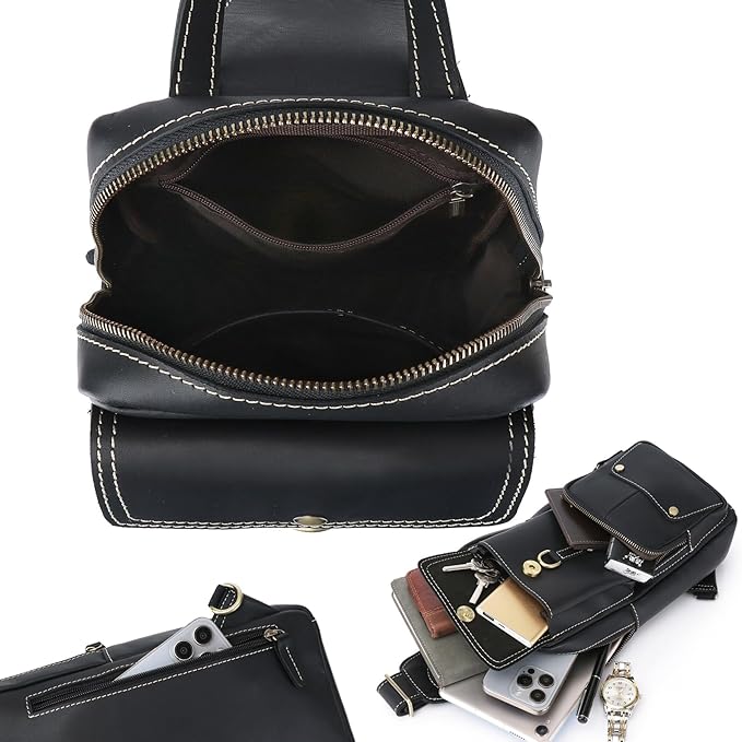 KPYWZER Sling Bag Men Women Genuine Leather Shoulder Backpack Satchel Chest Casual Daypack Crossbody Outdoor Day Pack Backpacks Black