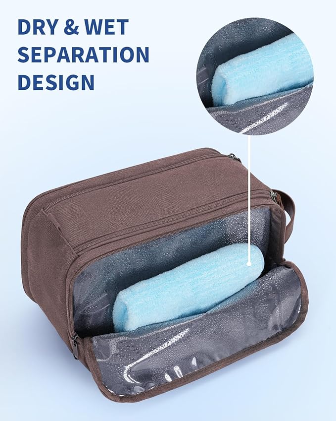 WANDF Toiletry Bag for Men Travel Toiletry Organizer Canvas and Leather Dopp Kit Water-Resistant Shaving Bag for Travel Accessories (Brown, Patent Pending)