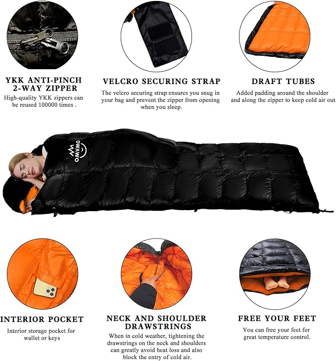 15°F 10°F Duck Down Sleeping Bag for Adults,650 Fill Power,Ultralight Wearable 4 Season Cold Weather Rectangle Sleeping Bag for Camping Hiking,Can be Used as a Down Blanket or Cloak