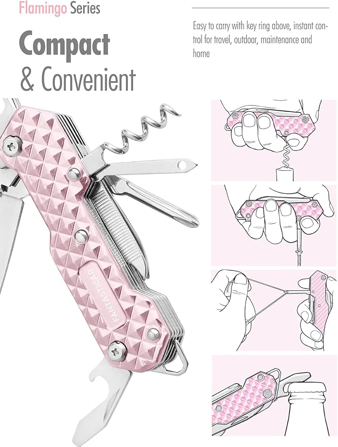 FantastiCAR 15 in 1 Multi-Tool, EDC Folding Pocket Knife with Premium Gift Box for Camping, Fishing, Hunting, Survival, Outdoor (Pink)