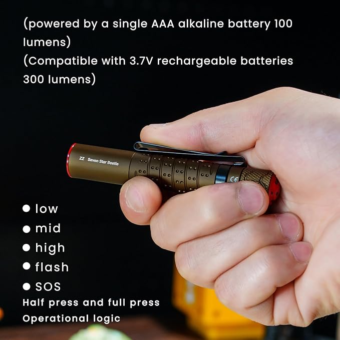ZZ Seven Star Beetle EDC flashlight, ultra compact LED100 lumens, mini with tactical flash, equipped with AAA alkaline battery, suitable for camping and hiking, daily carrying (desert color)